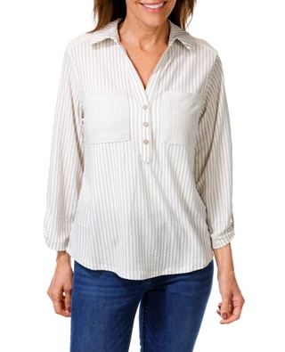 Thumbnail 2: Joie De Vivre Women's Collared Roll Tab Sleeve Striped Top 