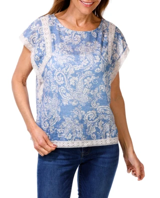 Thumbnail 1: Chenault Women's Crochet Trim Floral Linen Top 