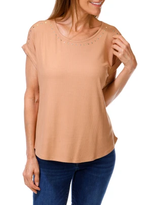 Thumbnail 1: RIO & RIAN Women's Solid Ribbed Studded Top 