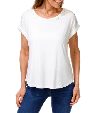 Thumbnail 1: RIO & RIAN Women's Solid Ribbed Studded Top 