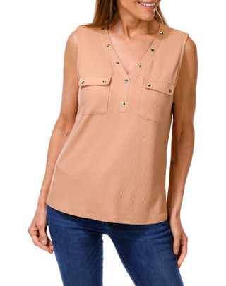 Thumbnail 1: RIO & RIAN Women's Solid Ribbed Studded Tank 