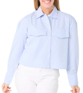 Thumbnail 1: ABS Women's Long Sleeve Rhinestone Cropped Button Down Top 