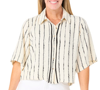 Thumbnail 1: ABS Women's Elbow Sleeve Button Down Stripe Top 