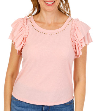 Thumbnail 1: Thomas & Olivia Petite Ribbed Flutter Sleeve Top 