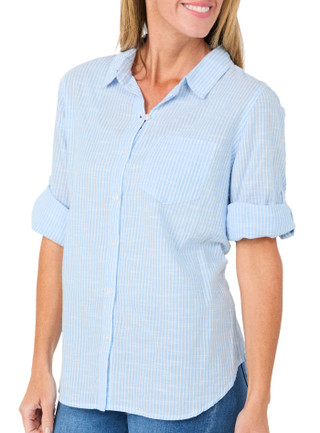Thumbnail 2: Dash Women's 3/4 Sleeve Stripe Button Down Top 