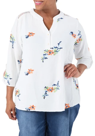 Thumbnail 1: Sapphire Women's Plus Embroidered Floral Roll Tab Sleeve Top  