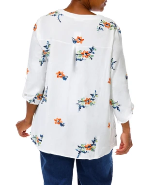 Thumbnail 5: Sapphire Women's Plus Embroidered Floral Roll Tab Sleeve Top  