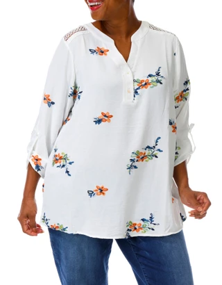 Thumbnail 1: Sapphire Women's Plus Embroidered Floral Roll Tab Sleeve Top  
