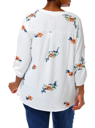 Thumbnail 2: Sapphire Women's Plus Embroidered Floral Roll Tab Sleeve Top  