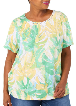 Thumbnail 1: Alfred Dunner Plus Short Sleeve Floral Stud Neck Top 