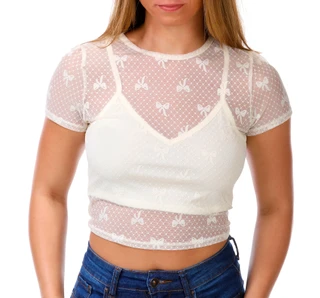 Thumbnail 1: BOZZOLO Juniors Mesh Layer Bow Crop Top 