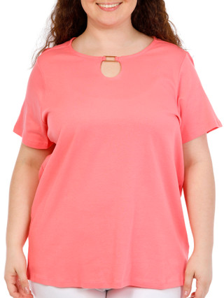 Thumbnail 1: Coral Bay Plus Short Sleeve Split Neck Metal Ring Top 