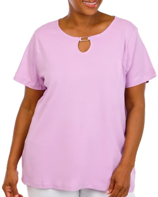 Thumbnail 1: Coral Bay Plus Short Sleeve Split Neck Metal Ring Top 