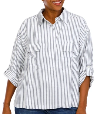 Thumbnail 1: MAX STUDIO Plus 3/4 Sleeve Two Pocket Strip Shirt  