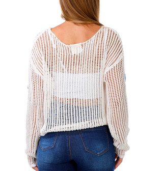 Thumbnail 2: No Comment Junior's Long Sleeve Open Knit Shell Sweater 