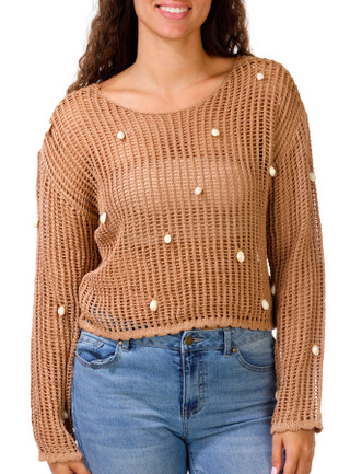 Thumbnail 1: No Comment Junior's Long Sleeve Open Knit Shell Sweater 