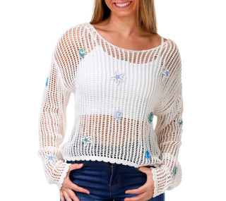 Thumbnail 1: No Comment Junior's Long Sleeve Open Knit Shell Sweater 