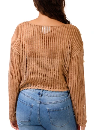 Thumbnail 3: No Comment Junior's Long Sleeve Open Knit Shell Sweater 
