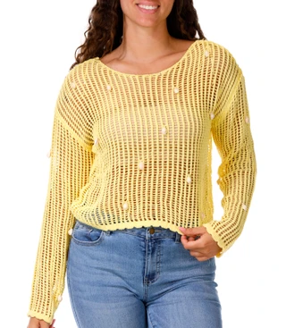 Thumbnail 1: No Comment Junior's Long Sleeve Open Knit Shell Sweater 