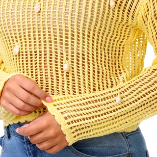 Thumbnail 3: No Comment Junior's Long Sleeve Open Knit Shell Sweater 