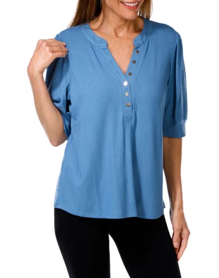 Thumbnail 1: RIO & RIAN Women's 3/4 Sleeve Ribbed Henley Top 