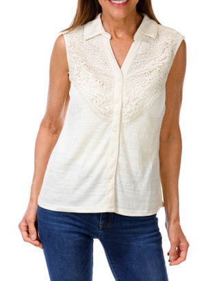 Thumbnail 1: Thomas & Olivia Women's Petite Button Up Lace Collar Top 
