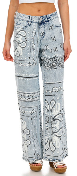 Thumbnail 1: SUNKISSED DENIM Junior's Patchwork Pattern Wide Leg Jeans 