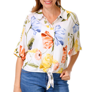 Thumbnail 1: Ellen Tracy Women's Short Dolman Sleeve Front Tie Challis Top 