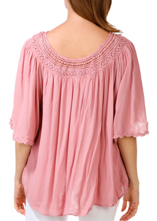 Thumbnail 2: Chelsea & Theodore Women's Short Sleeve Gauze Lace Trim Top 