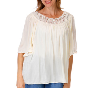 Thumbnail 1: Chelsea & Theodore Women's Short Sleeve Gauze Lace Trim Top 
