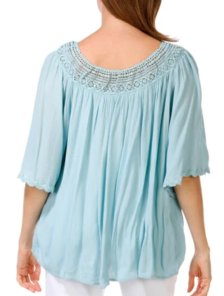 Thumbnail 2: Chelsea & Theodore Women's Short Sleeve Gauze Lace Trim Top 