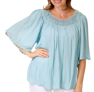 Thumbnail 1: Chelsea & Theodore Women's Short Sleeve Gauze Lace Trim Top 