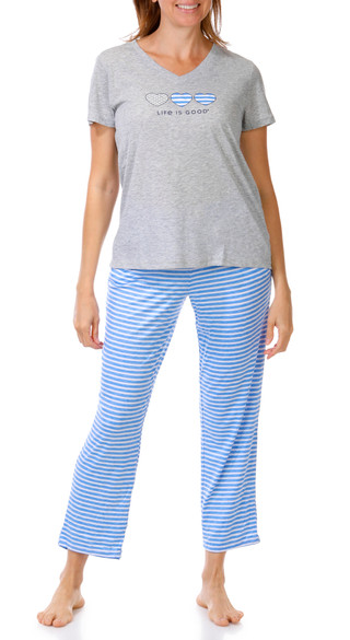 Thumbnail 1: Life is Good Women's 2 Pc Heart Stripe Print Pajama Pants Set 