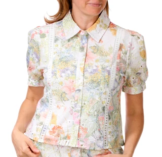 Thumbnail 1: NVLT Women's Short Sleeve Embroidered Floral Button Down Top 
