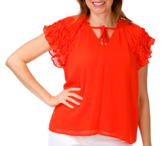 Thumbnail 1: CE CE BY CYNTHIA STEFFE Petite Short Ruffle Sleeve Split Neck Top 