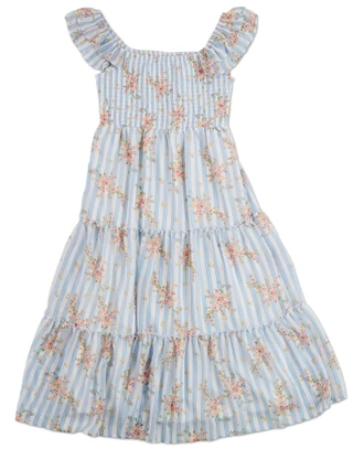 Thumbnail 2: Rare Editions Girls Floral Stripe Tiered Maxi Dress 