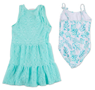 Thumbnail 2: BMAGICAL Girls One Piece Shimmer Coral & Seashell Swimsuit w/Perforated Dress Coverup 