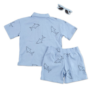 Thumbnail 2: Stitch & Stone Little Boys 2 Pc Embroidered Shark Shorts Set w/Sunglasses 
