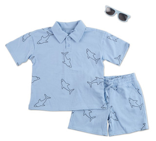 Thumbnail 1: Stitch & Stone Little Boys 2 Pc Embroidered Shark Shorts Set w/Sunglasses 