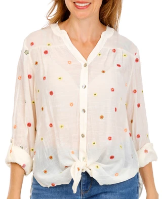 Thumbnail 1: FIGUEROA & FLOWER Women's 3/4 Sleeve Embroidered Button Up Top 