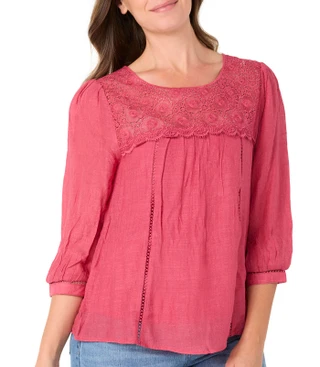 Thumbnail 1: FIGUEROA & FLOWER Petite 3/4 Sleeve Papaya Lace Top 