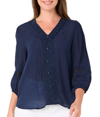 Thumbnail 1: Zac & Rachel Women's 3/4 Sleeve Crochet Trim Button Front Top 