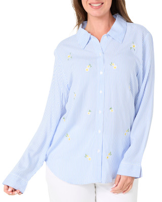 Thumbnail 1: Hester & Orchard Women's Long Sleeve Striped Embroidered Flower Top 