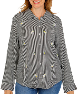 Thumbnail 1: Hester & Orchard Women's Long Sleeve Striped Embroidered Flower Top 
