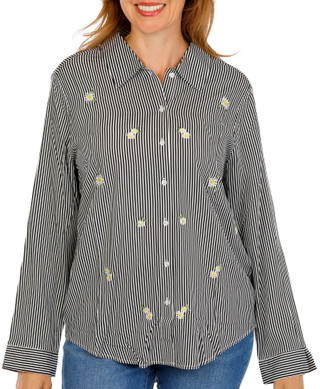 Thumbnail 1: Hester & Orchard Women's Long Sleeve Striped Embroidered Flower Top 