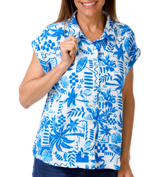 Thumbnail 1: Kathy Ireland Women's Short Sleeve Button Front Camp Top 