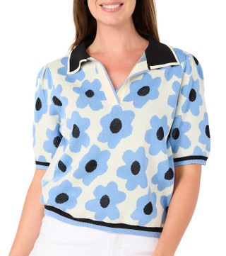Thumbnail 1: Nanette Lepore Women's Floral Johnny Collar Knit Sweater Top 