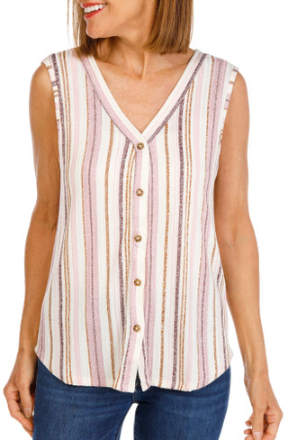 Thumbnail 1: Blue Mood Women's Striped Button Front Sleeveless Top 