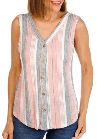 Thumbnail 1: Blue Mood Women's Striped Button Front Sleeveless Top 