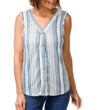 Thumbnail 1: Blue Mood Women's Striped Button Front Sleeveless Top 
